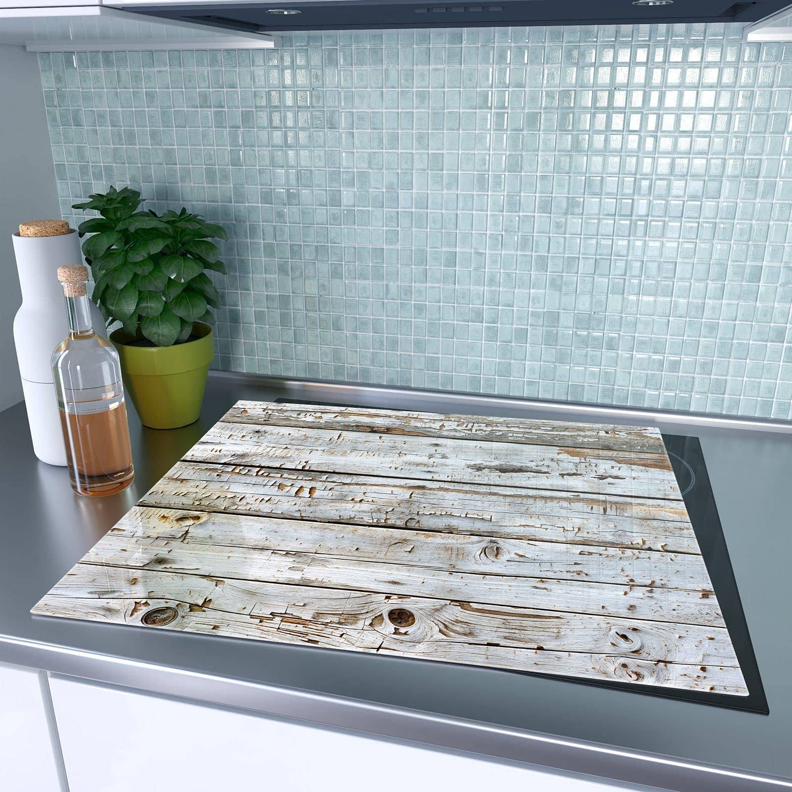 1-teilige Herdabdeckung mit Weiße Holzpatina-Motiv auf dem Ceranfeld