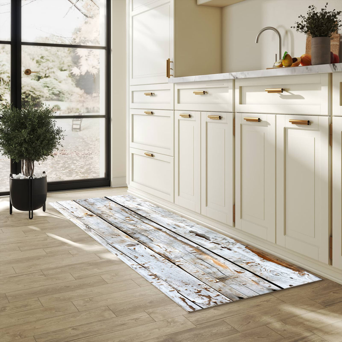 Waschbarer Teppich fürs Esszimmer mit Motiv Holzbretter von Verwitterte in heller Küche