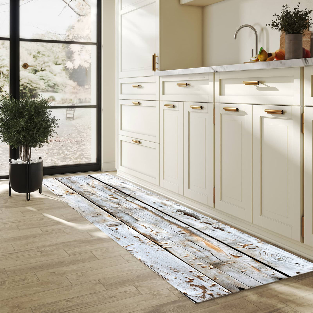Rutschfester Küchenteppich mit Motiv Holzbretter von Verwitterte in heller Küche