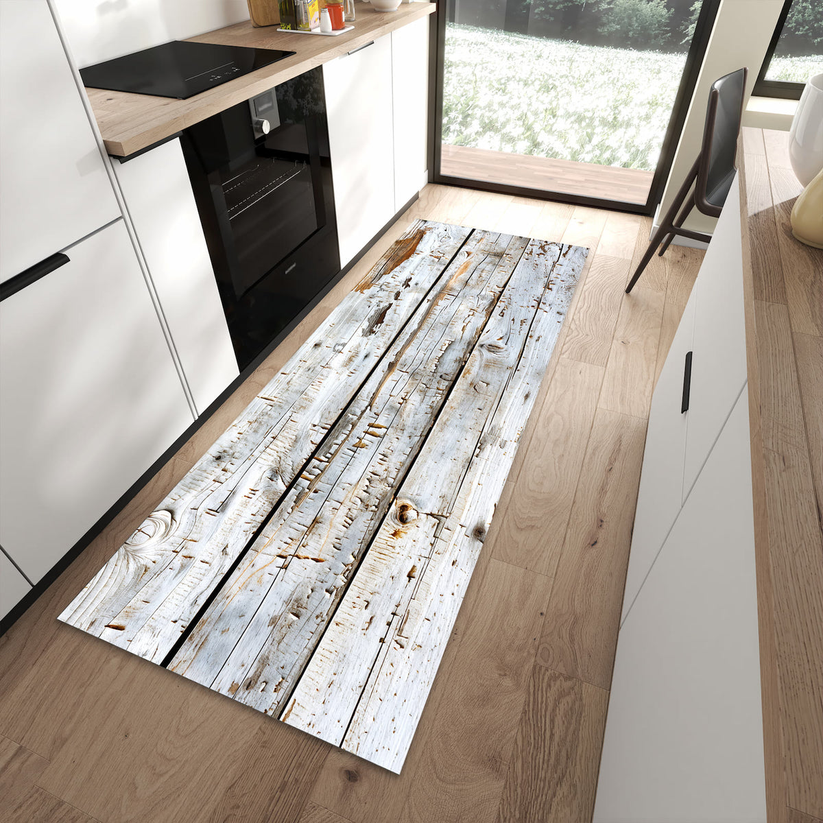 Waschbarer Küchenteppich mit Motiv Holzbretter von Verwitterte in moderner Küche