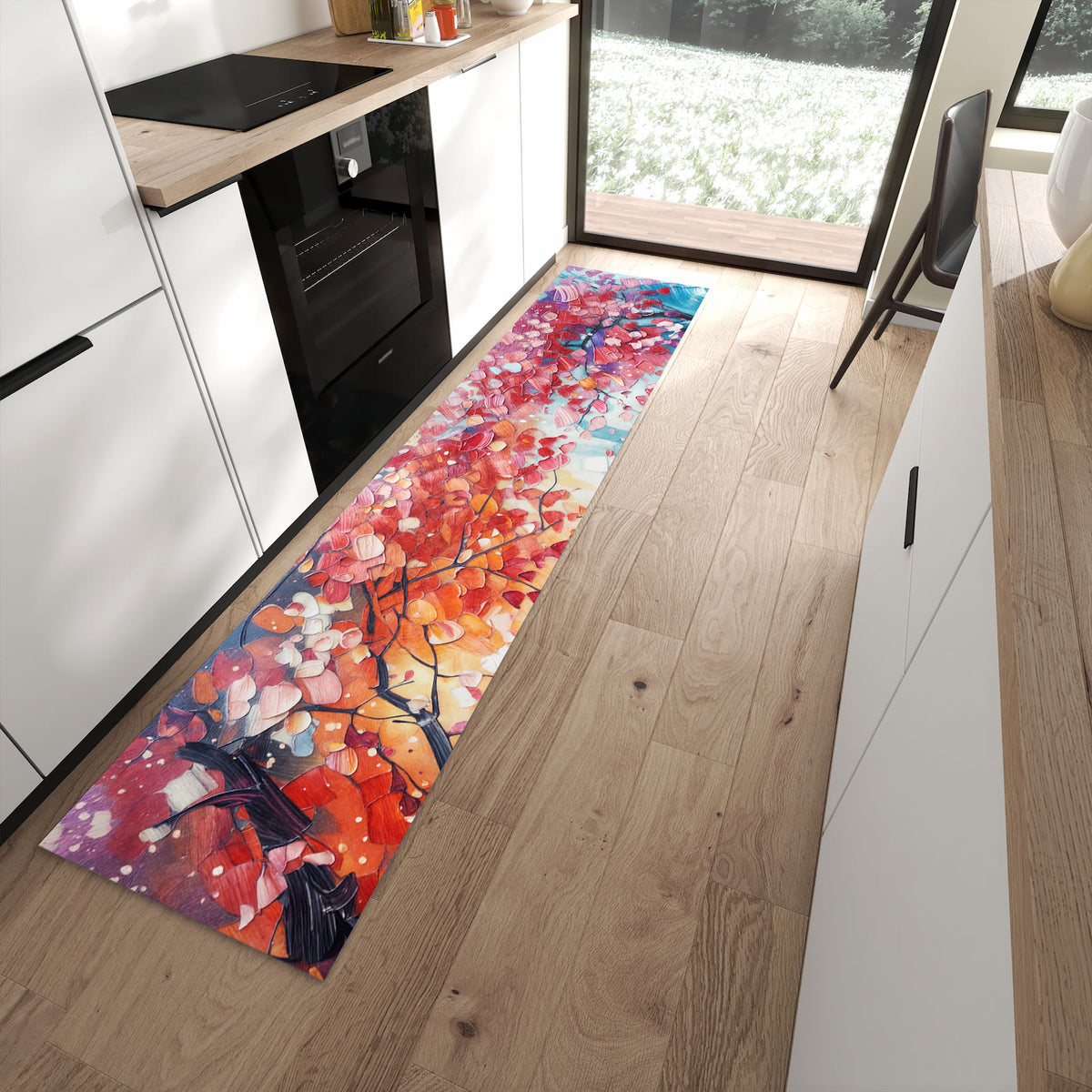 Ordnungsschaffender Küchenläufer mit Motiv Herbstlicher Spaziergang in moderner Küche