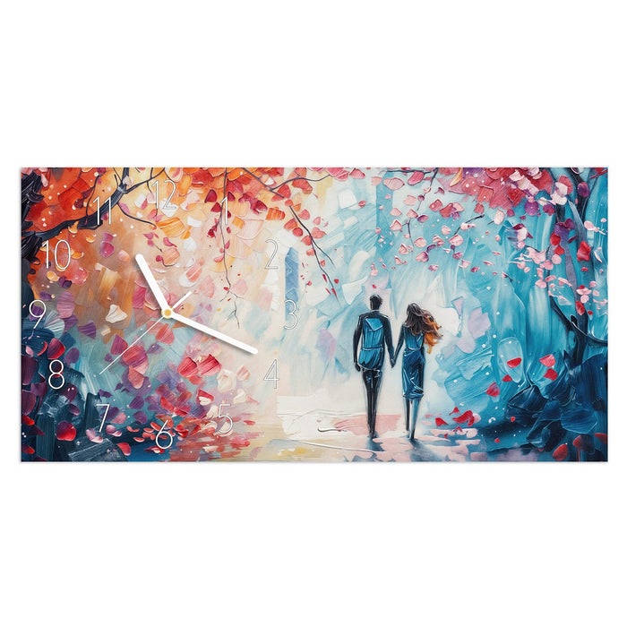Wanduhr Herbstlicher Spaziergang aus Glas – Querformat 60 × 30 cm mit Ziffernblatt Elegant