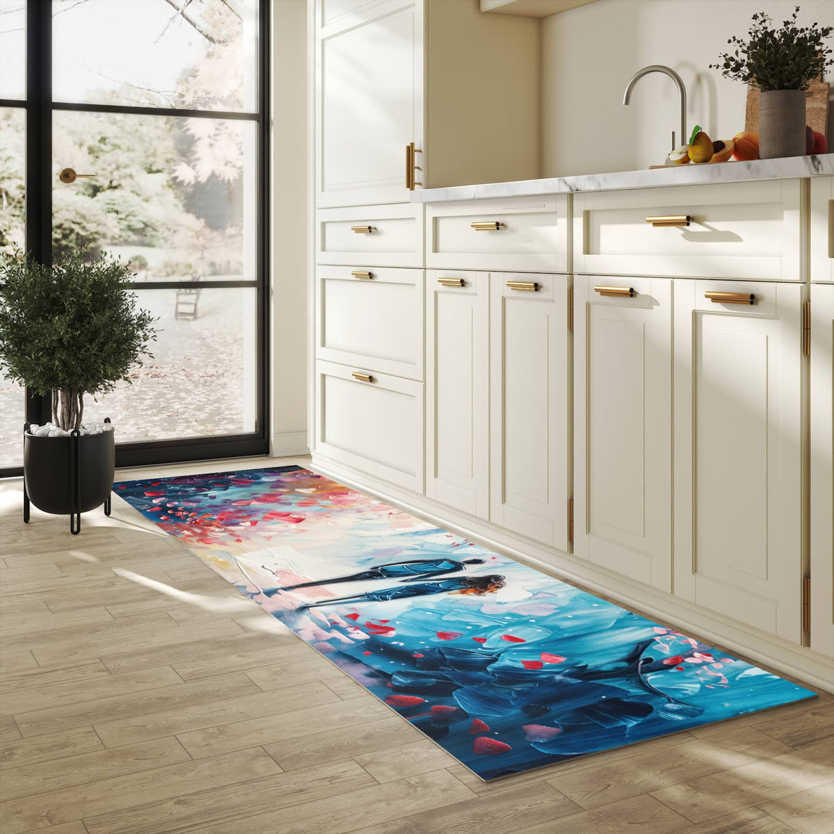 Fleckenresistenter waschbarer Teppich Küche mit Motiv Herbstlicher Spaziergang in heller Küche