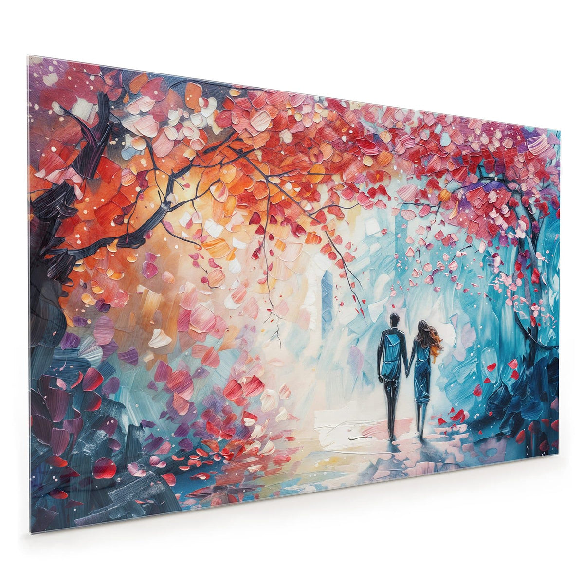 Küchenrückwand aus Glas im Hochformat: Spachtelgemälde: Paar Hand in Hand unter einem Baum mit rot-rosa Laub, bläuliche Straße