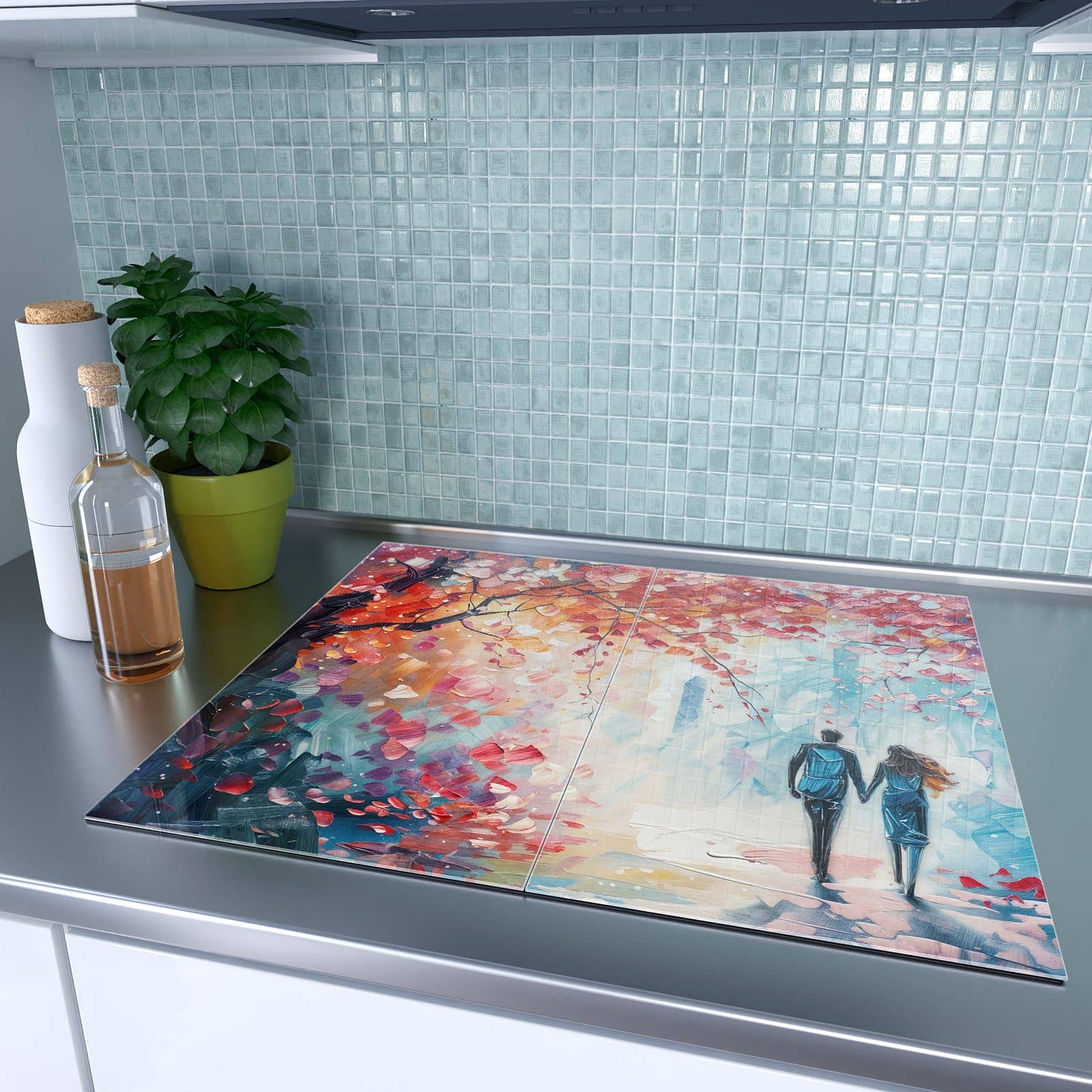 2-teilige Herdabdeckung aus Glas mit Herbstlicher Spaziergang-Motiv auf dem Ceranfeld