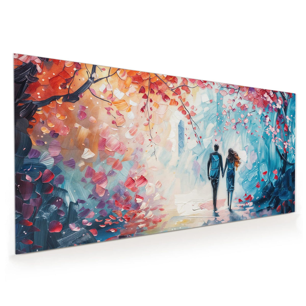 Küchenrückwand aus Glas im Hochformat: Spachtelgemälde: Paar Hand in Hand unter einem Baum mit rot-rosa Laub, bläuliche Straße