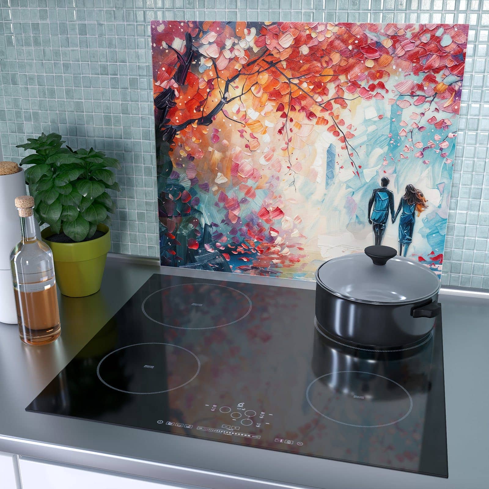 1-teilige Abdeckplatte Induktionsherd mit Herbstlicher Spaziergang-Motiv als Spritzschutz hinter dem Kochfeld