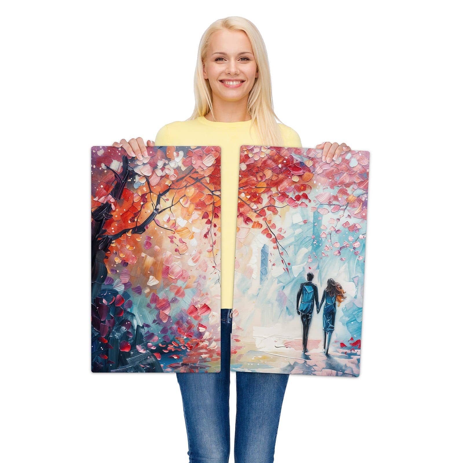 2-teilige Abdeckung für Herdplatten mit Herbstlicher Spaziergang-Motiv wird zur Größendarstellung gehalten