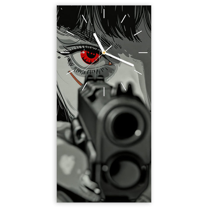 Wanduhr Blick Durch Schusswaffe aus Glas – Hochformat 30 × 60 cm mit Ziffernblatt Linie