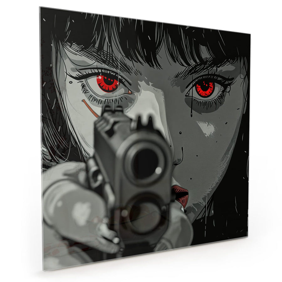Maße Küchenrückwand Comicfrau in Grautönen aus Glas