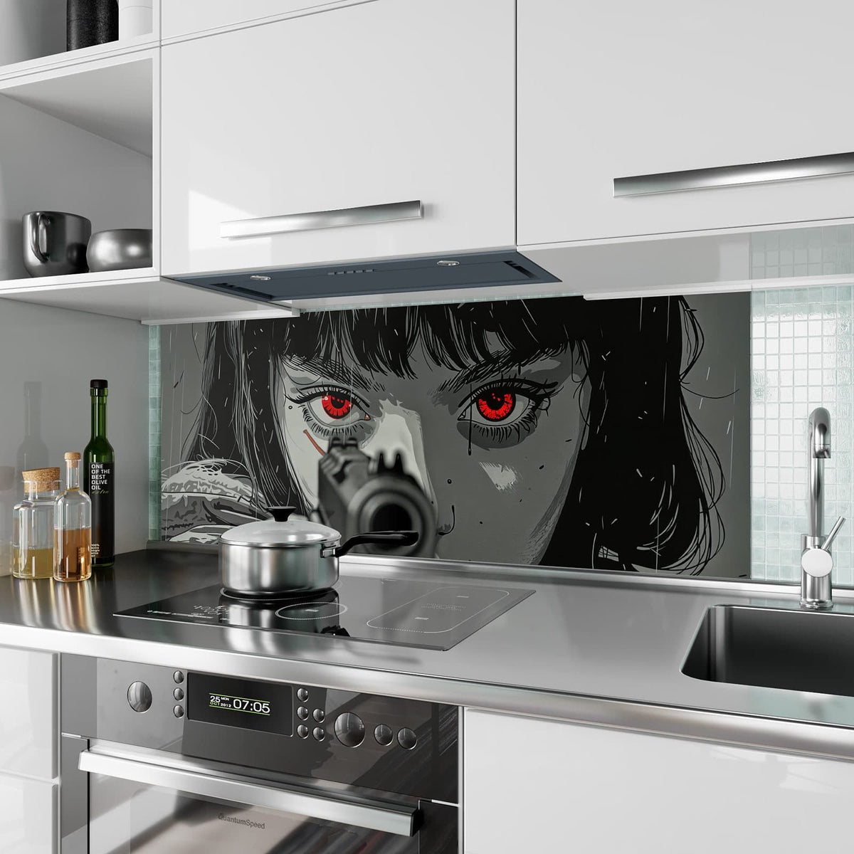 Küchenrückwand aus Glas Comicfrau in Grautönen im Hochformat als Spritzschutz hinter dem Kochfeld, über dem Fliesenspiegel montiert