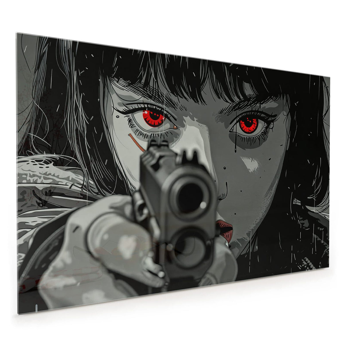 Küchenrückwand aus Glas im Hochformat mit Motiv Comicfrau in Grautönen: Schwarzweiße Comiczeichnung: Frauengesicht mit roten Augen