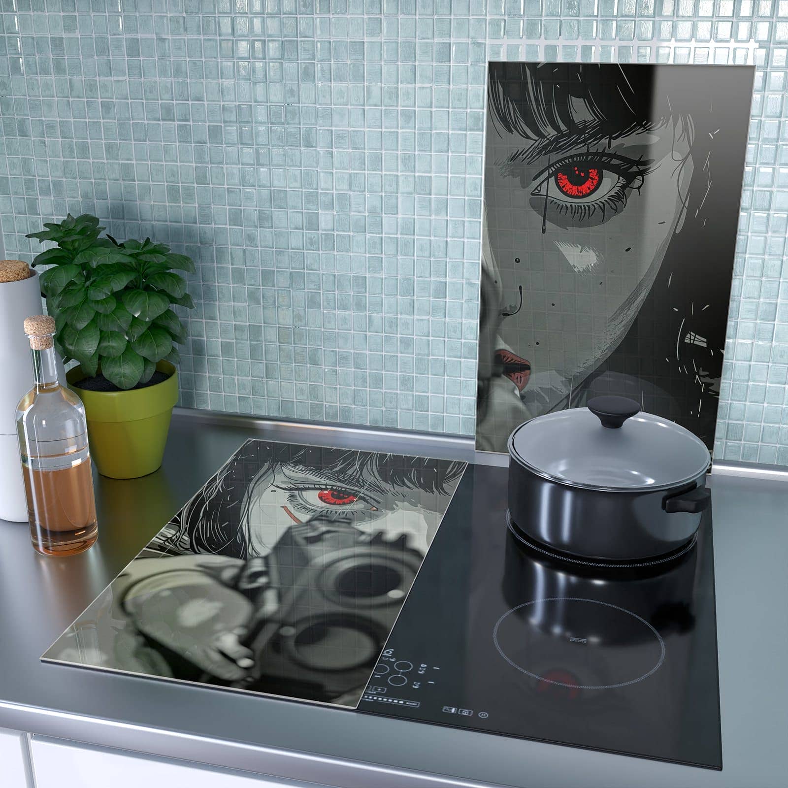 2-teilige Abdeckplatten für Ceranfeld mit Blick Durch Schusswaffe-Motiv als Spritzschutz hinter dem Kochfeld