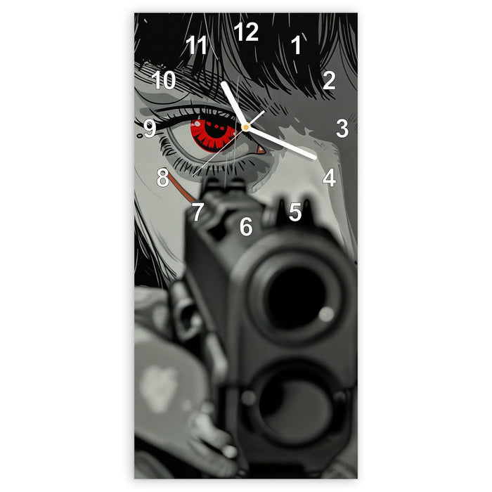 Wanduhr Blick Durch Schusswaffe aus Glas – Hochformat 30 × 60 cm mit Ziffernblatt Modern