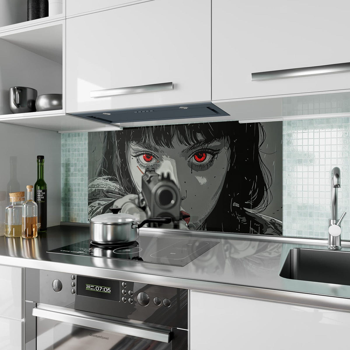 Küchenrückwand aus Glas Comicfrau in Grautönen im Hochformat als Spritzschutz hinter dem Kochfeld, über dem Fliesenspiegel montiert