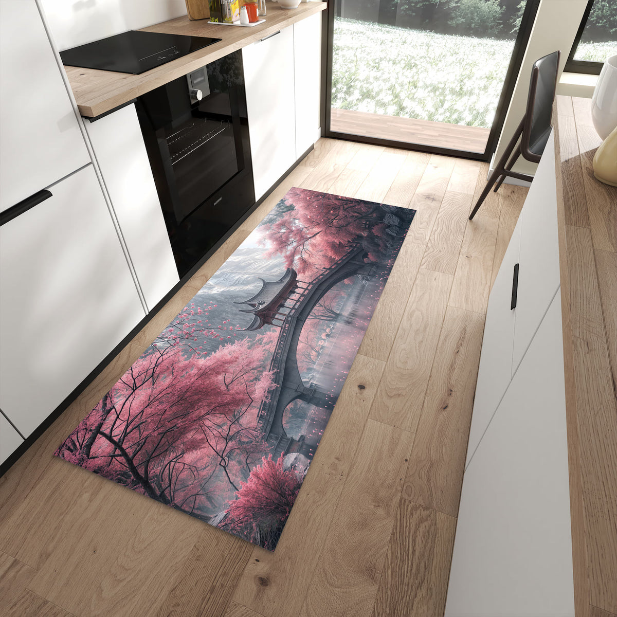 Waschbarer Teppich fürs Esszimmer mit Motiv Japanischer Garten in moderner Küche