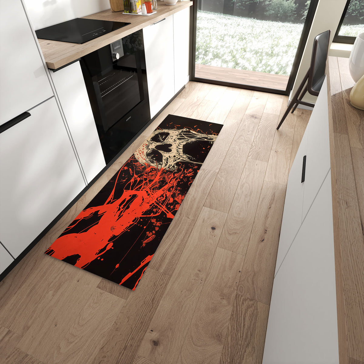 Flacher Küchenteppich mit Motiv Schreiendes Schädel in moderner Küche