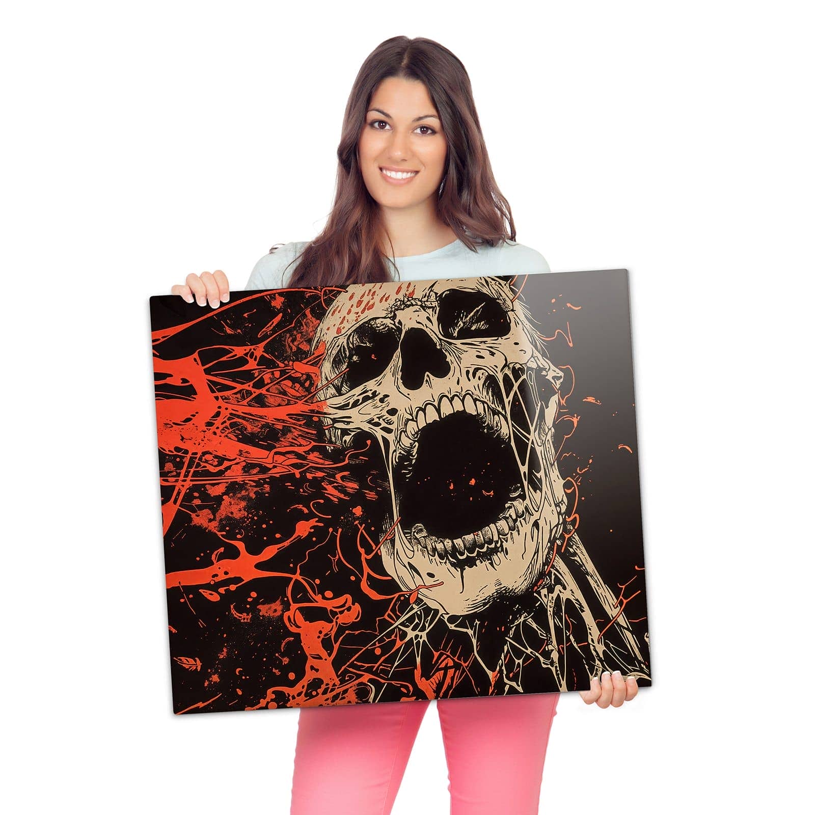 1-teilige Abdeckplatte für Herd mit Schreiender Schädel-Motiv wird zur Größendarstellung gehalten