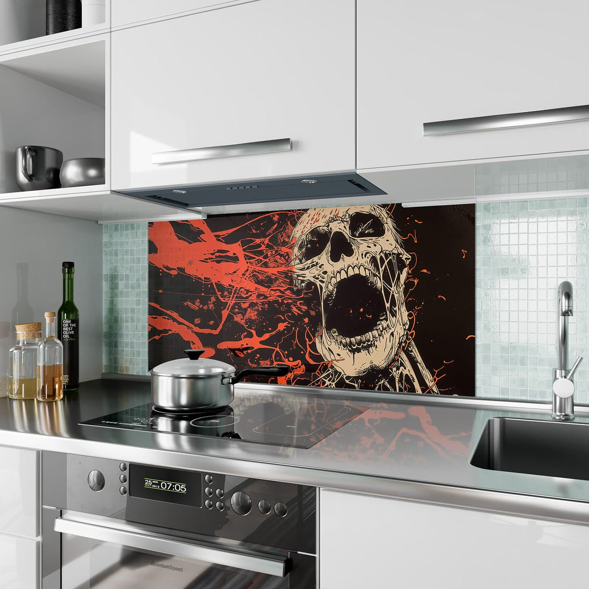 Küchenrückwand aus Glas Schreiender Schädel im Hochformat als Spritzschutz hinter dem Kochfeld, über dem Fliesenspiegel montiert
