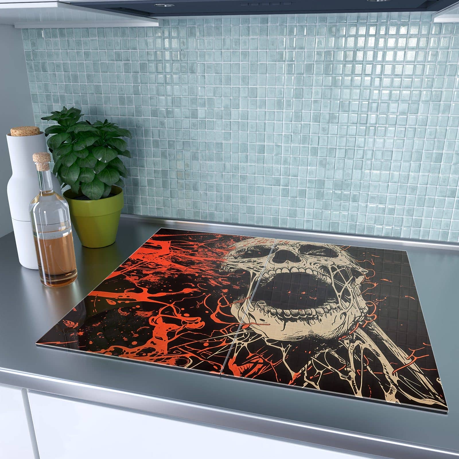 2-teilige Abdeckung für Herdplatte mit Schreiender Schädel-Motiv auf dem Ceranfeld