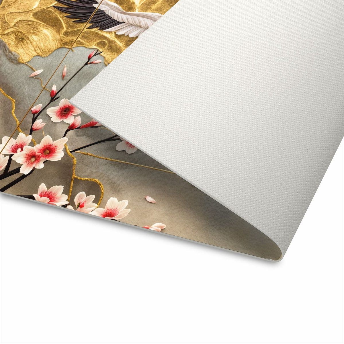 Flacher Küchenteppich mit Motiv Blüten und Kraniche in der Unterseite