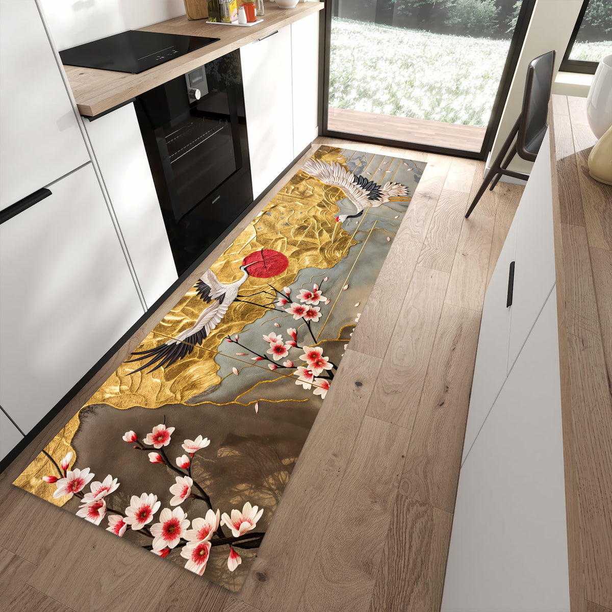Komfortabler Küchenteppich mit Motiv Blüten und Kraniche in moderner Küche