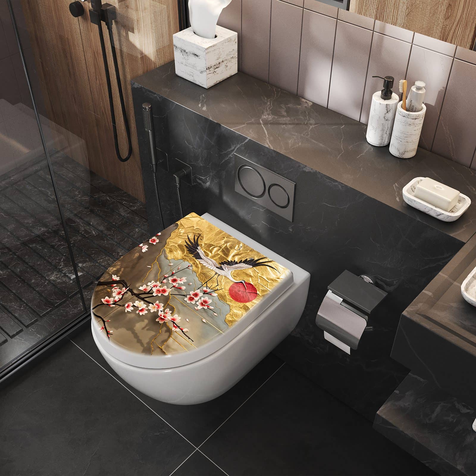WC-Sitz mit Absenkautomatik Blüten und Kraniche