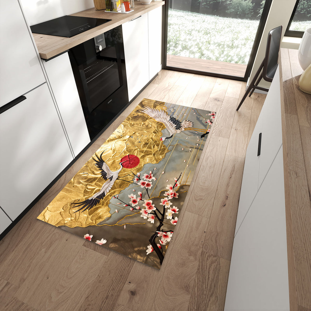 Fleckenresistenter Küchenteppich mit Motiv Blüten und Kraniche in moderner Küche