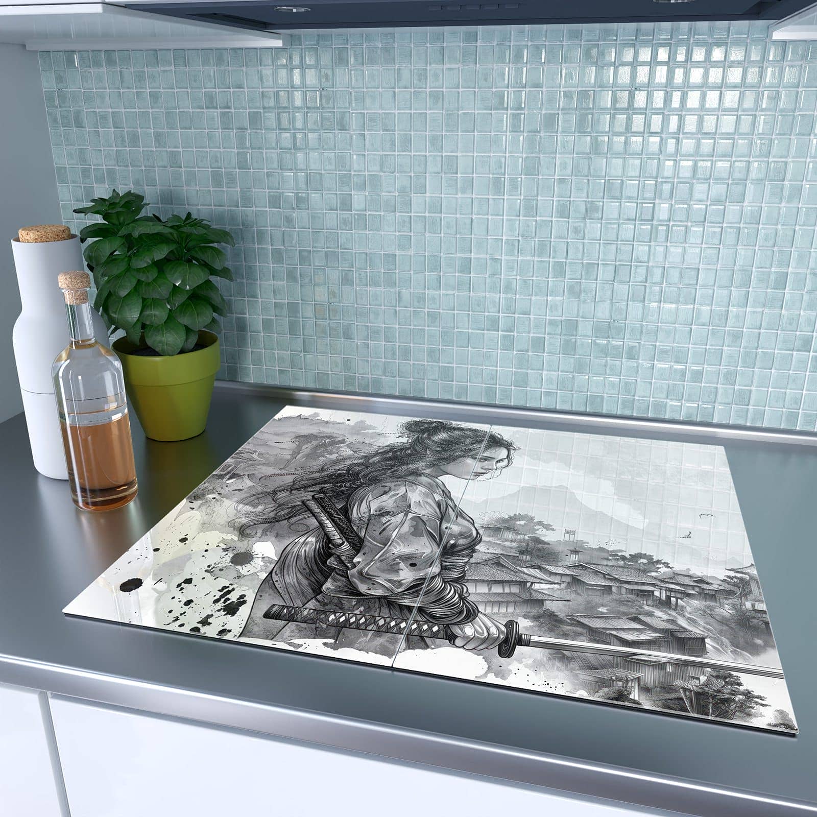 2-teilige Herdabdeckplatten aus Glas mit Samurai Kriegerin Stadt-Motiv auf dem Ceranfeld