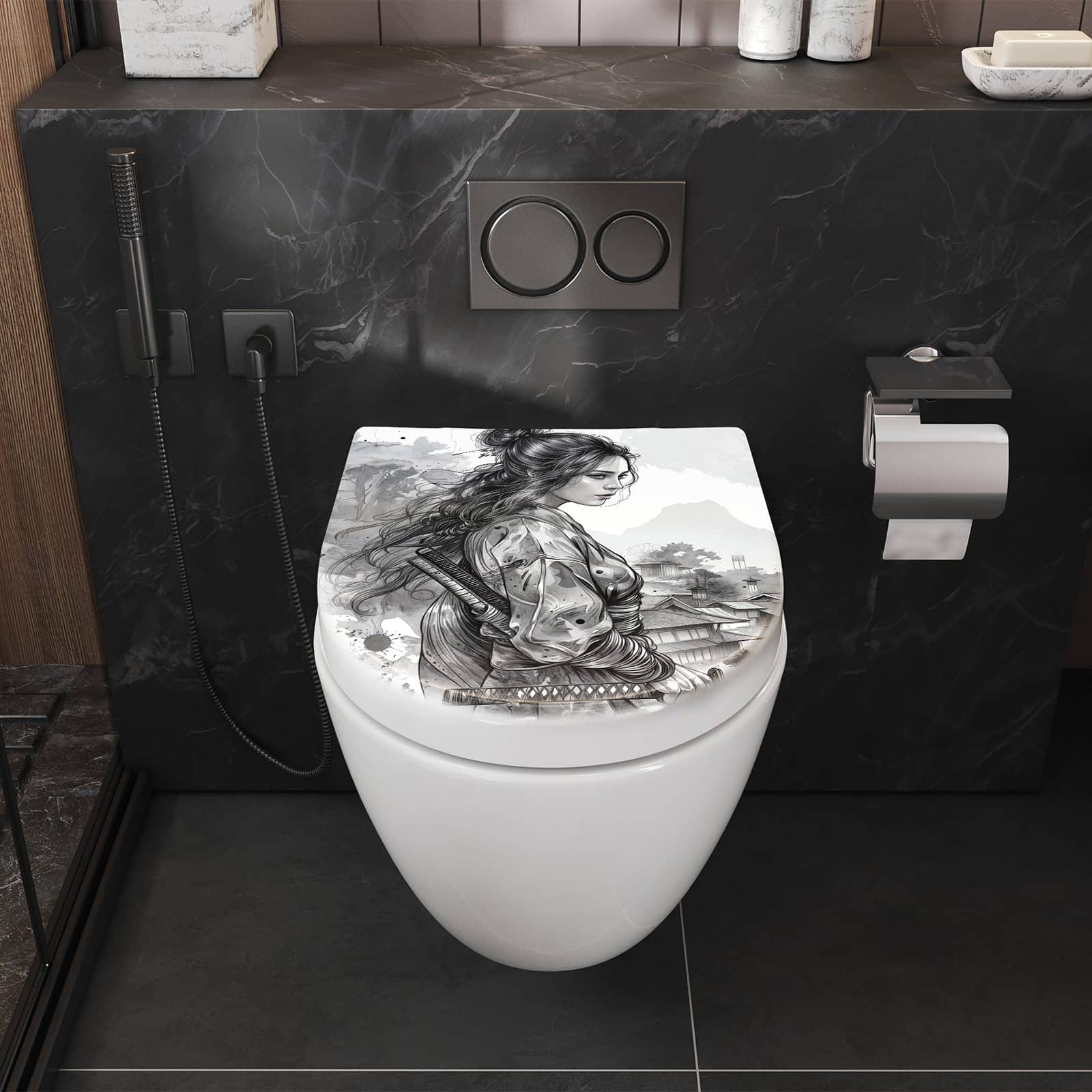 WC-Sitz mit Absenkautomatik Samurai Kriegerin Stadt