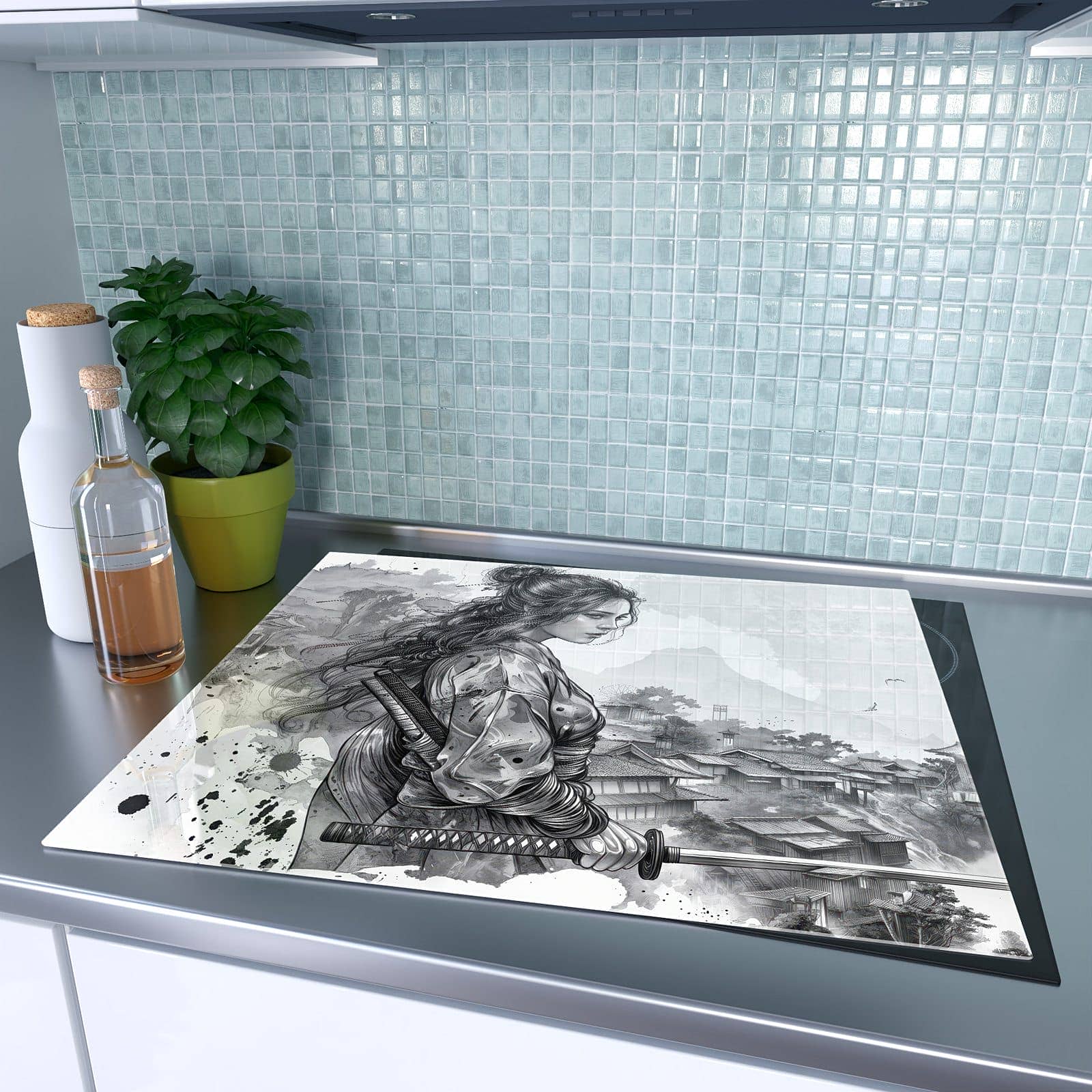 1-teilige Ceranfeld Abdeckung mit Samurai Kriegerin Stadt-Motiv auf dem Ceranfeld