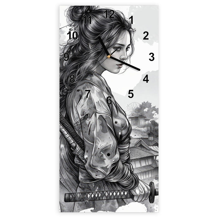 Wanduhr Samurai Kriegerin Stadt aus Glas – Hochformat 30 × 60 cm mit Ziffernblatt Modern