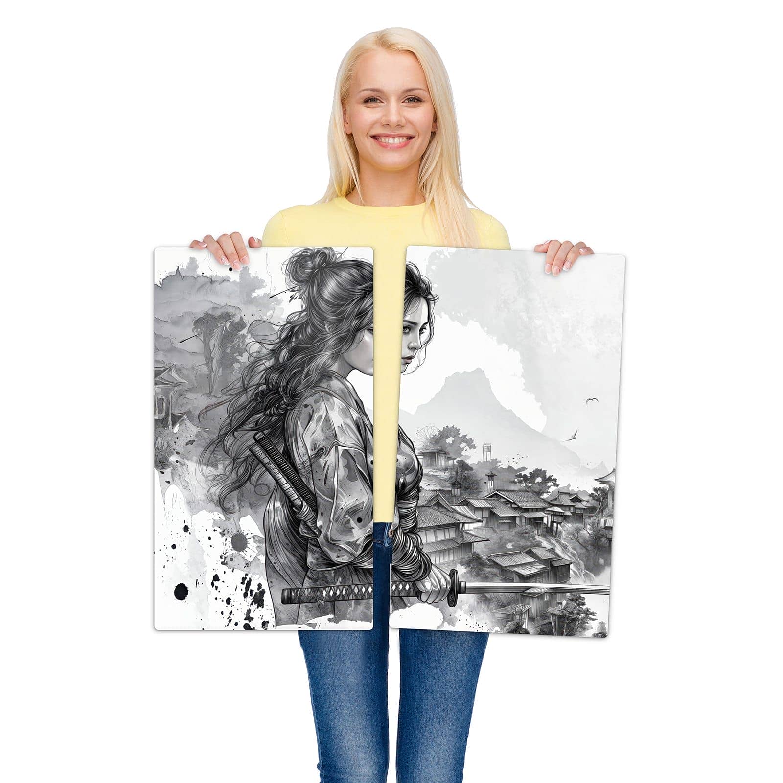 2-teilige Herdabdeckplatten mit Samurai Kriegerin Stadt-Motiv wird zur Größendarstellung gehalten