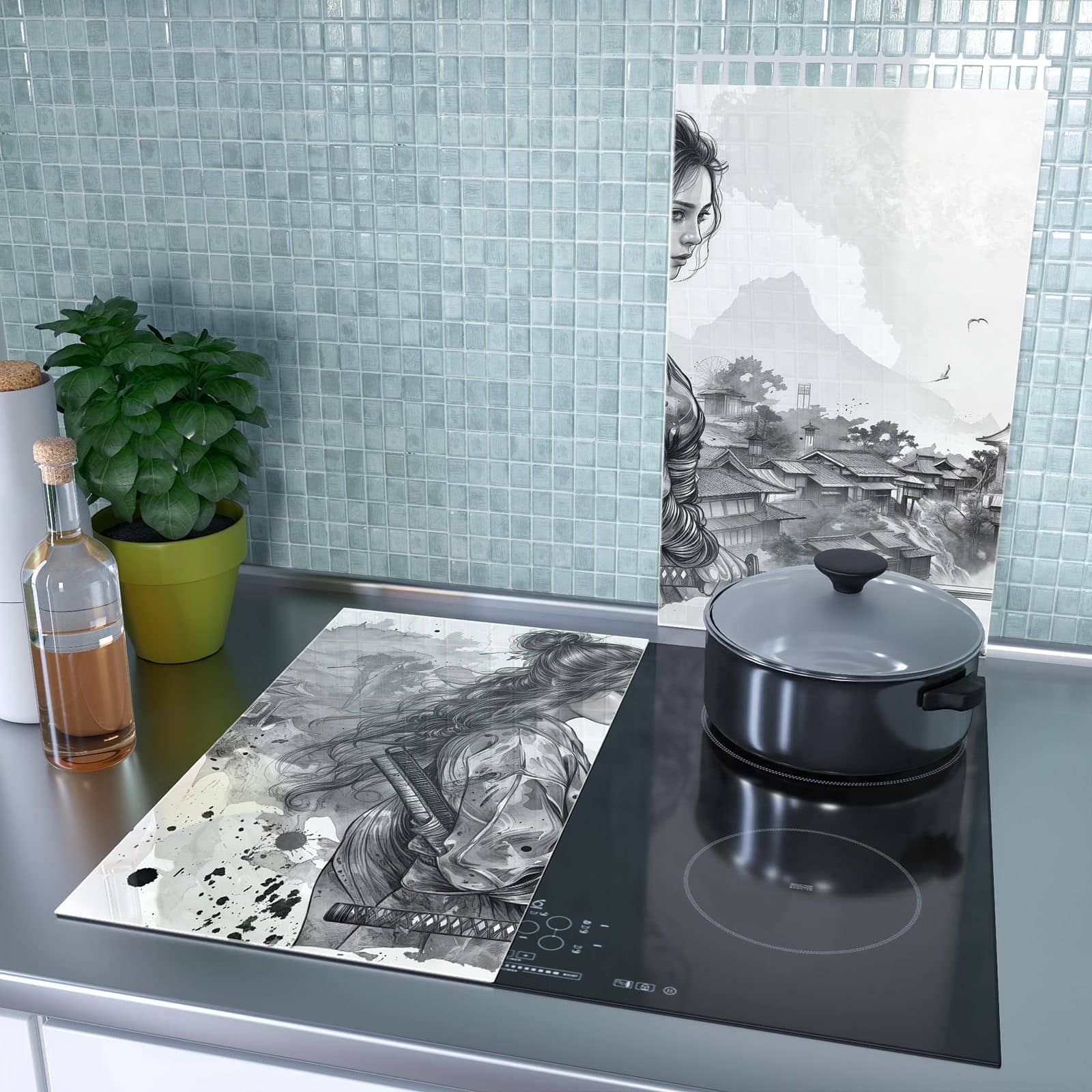 2-teilige Herdabdeckplatte mit Samurai Kriegerin Stadt-Motiv als Spritzschutz hinter dem Kochfeld