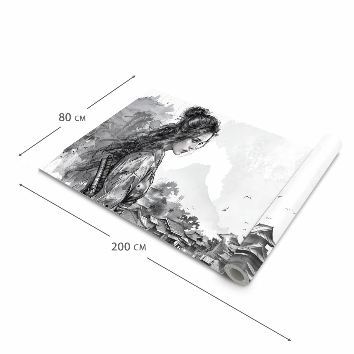 Formstabiler rutschfester Küchenteppich mit Motiv Samurai Kriegerin Stadt in der Grösse 80x200 cm