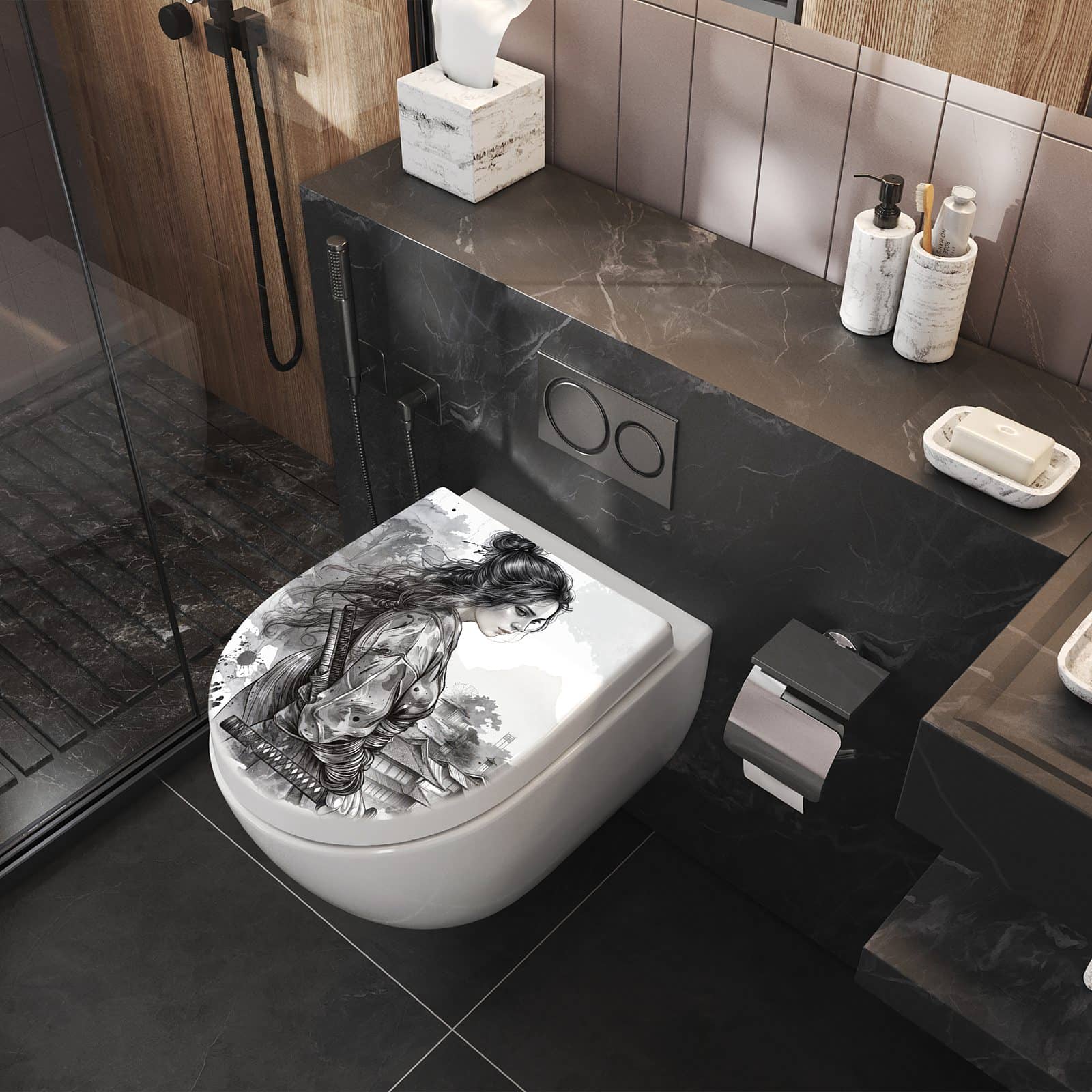 WC-Sitz mit Absenkautomatik Samurai Kriegerin Stadt