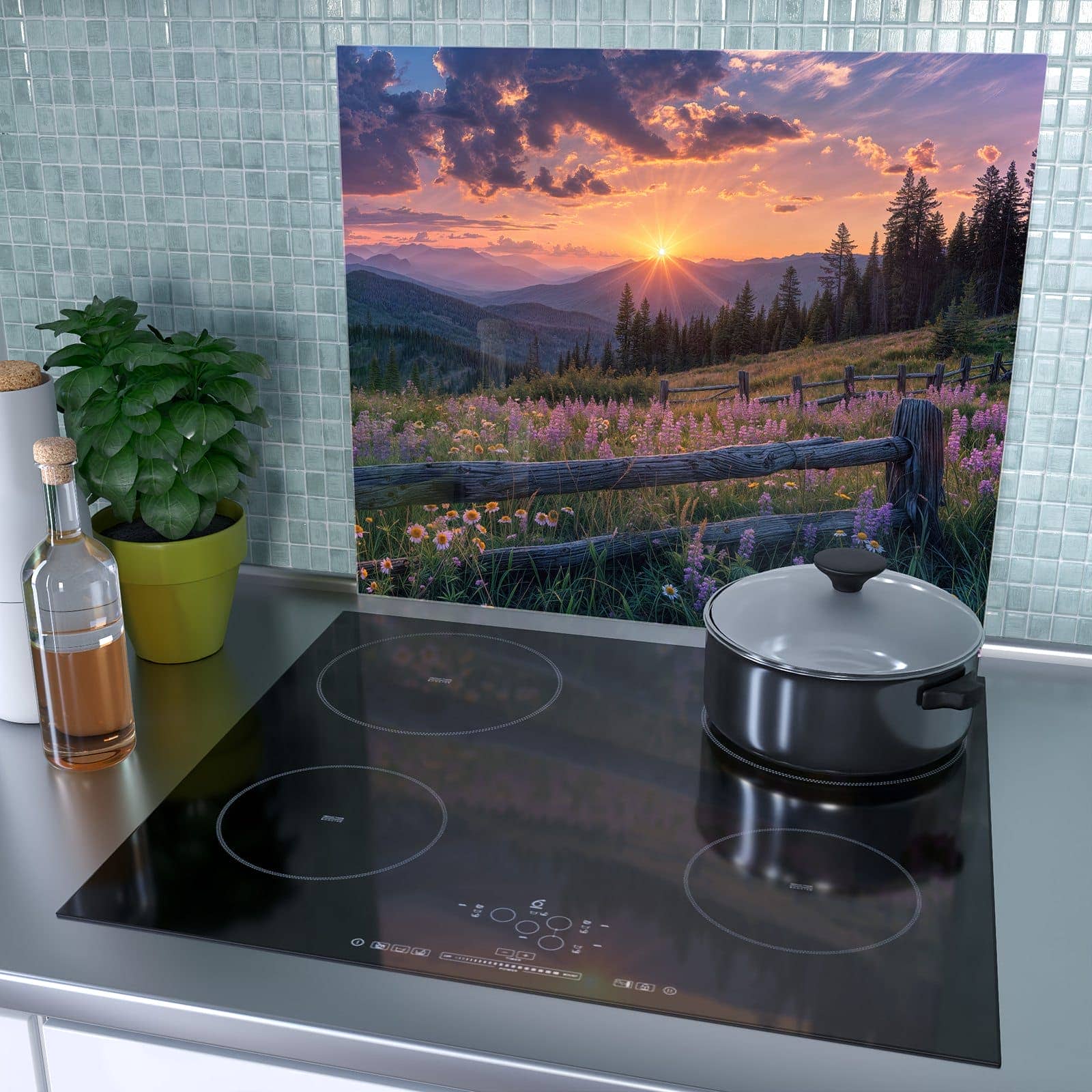 1-teilige Herdabdeckplatte mit Sonnenuntergang Wiese-Motiv als Spritzschutz hinter dem Kochfeld