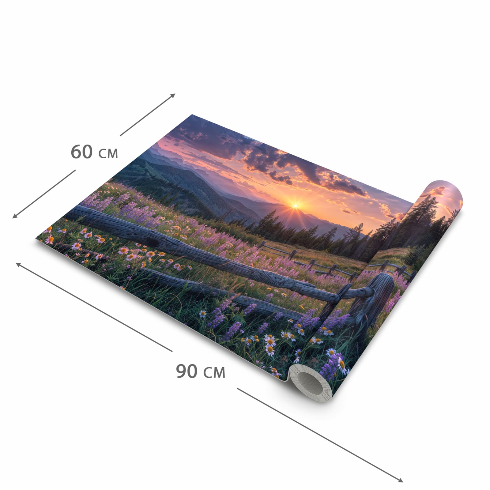 Komfortabler langer Teppich mit Motiv Sonnenuntergang Wiese in der Grösse 60x90 cm