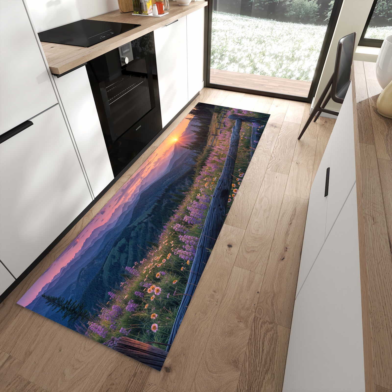 Wasserabweisender Bodenläufer mit Motiv Sonnenuntergang Wiese in moderner Küche