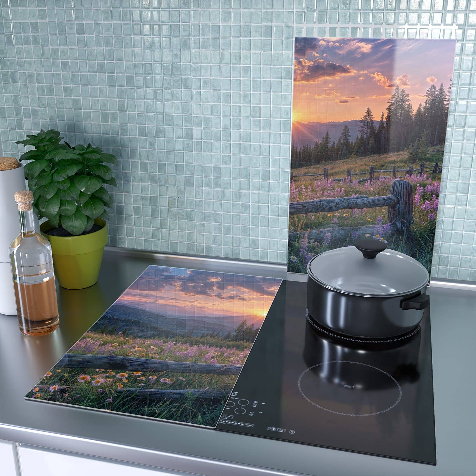 2-teilige Abdeckplatten für den Herd mit Sonnenuntergang Wiese-Motiv als Spritzschutz hinter dem Kochfeld