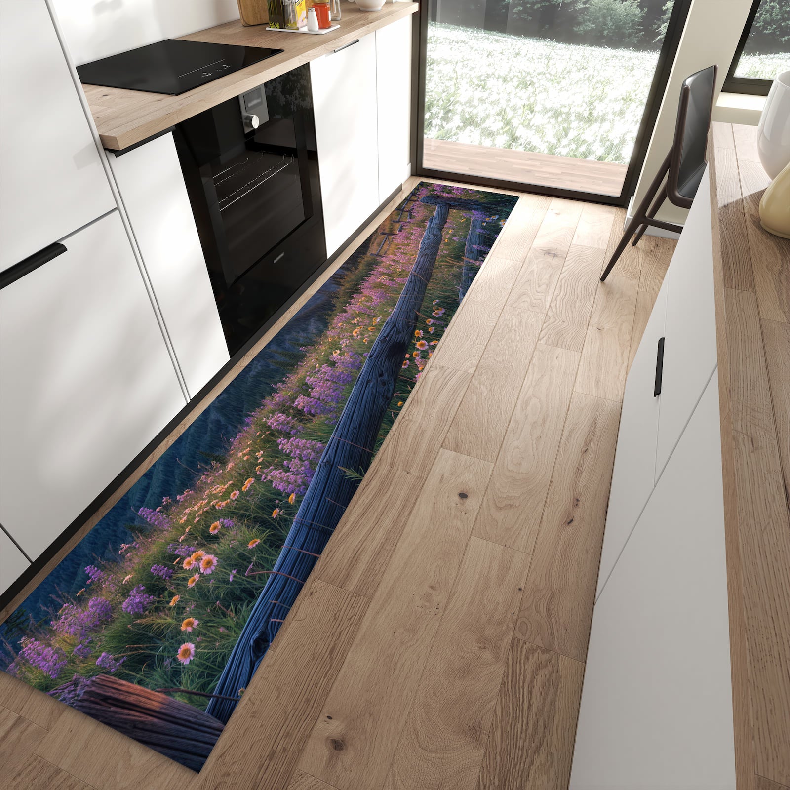 Abriebfester waschbarer Teppich fürs Esszimmer mit Motiv Sonnenuntergang Wiese in moderner Küche