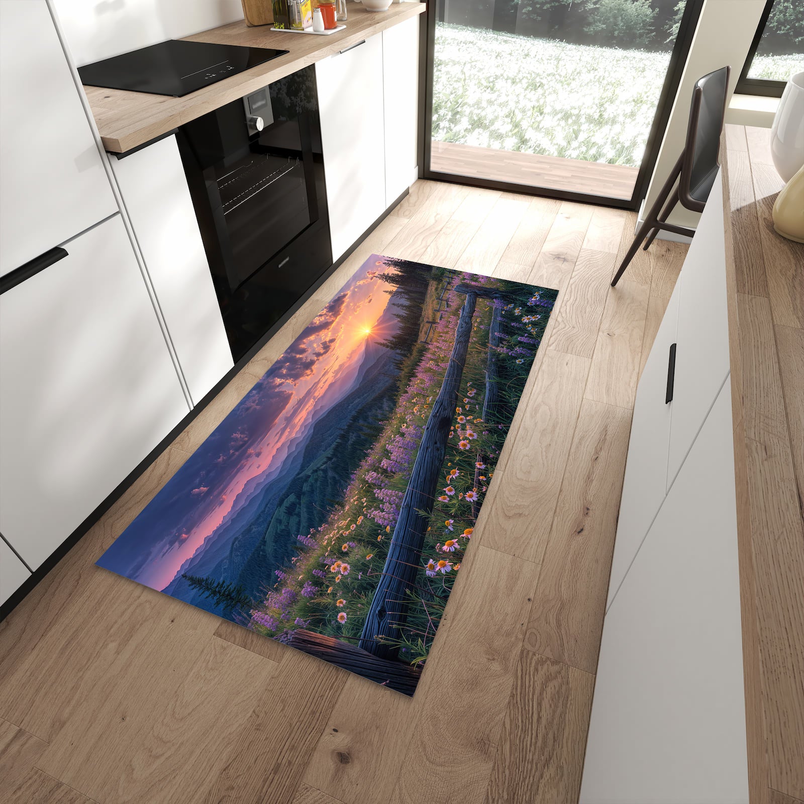 Geruchsneutraler waschbarer Küchenteppich mit Motiv Sonnenuntergang Wiese in moderner Küche