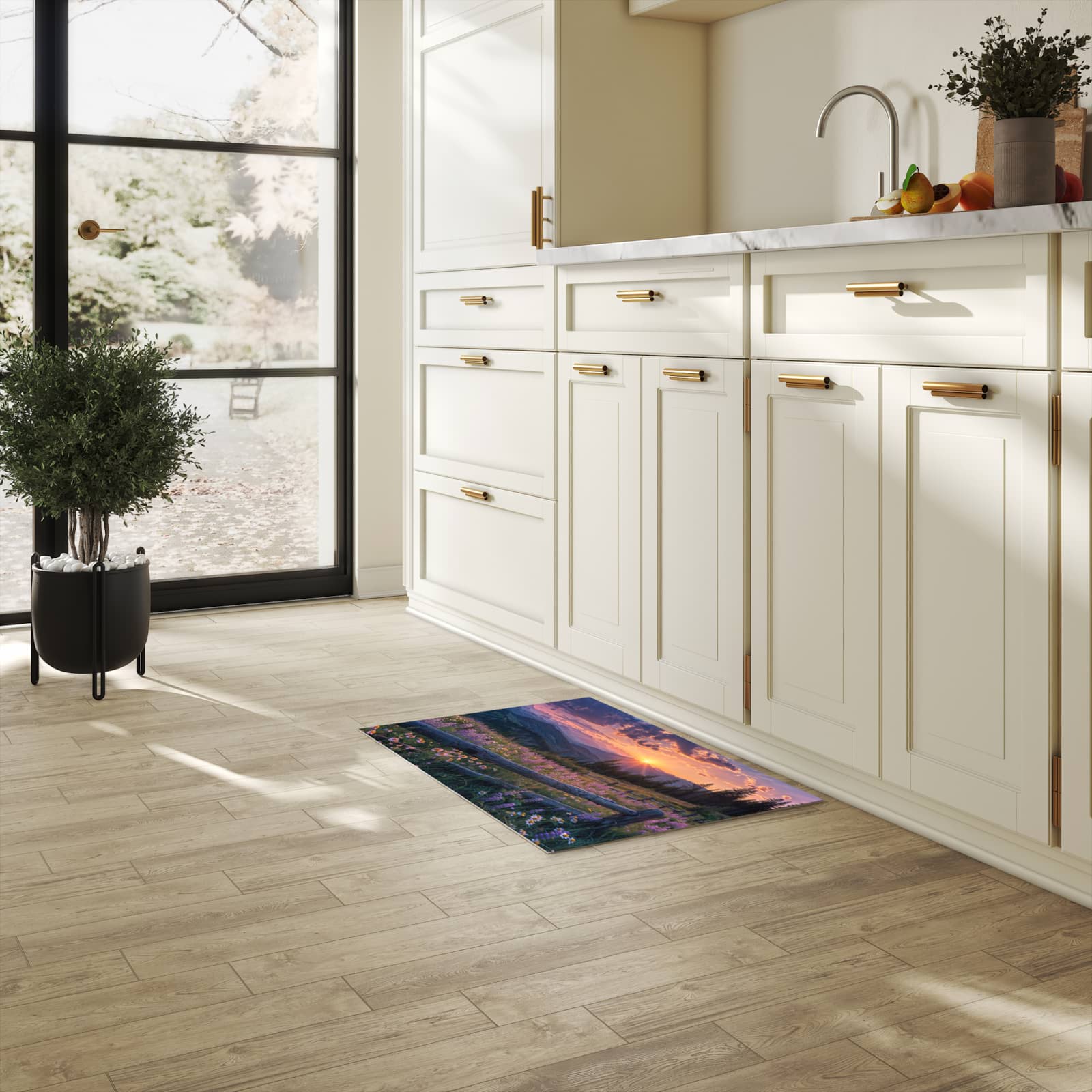Zeitsparender waschbarer Küchenteppich mit Motiv Sonnenuntergang Wiese in heller Küche