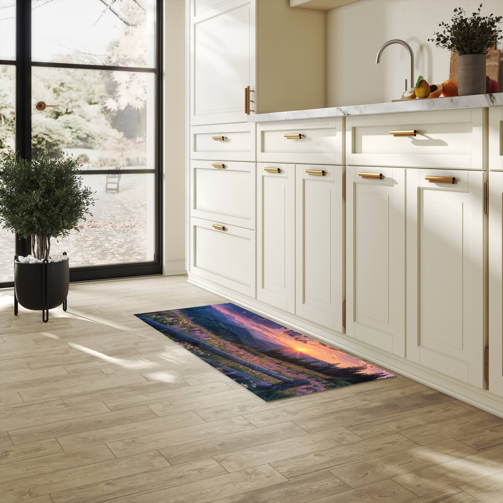 Küchenteppich mit Motiv Sonnenuntergang Wiese für Ordnung in heller Küche