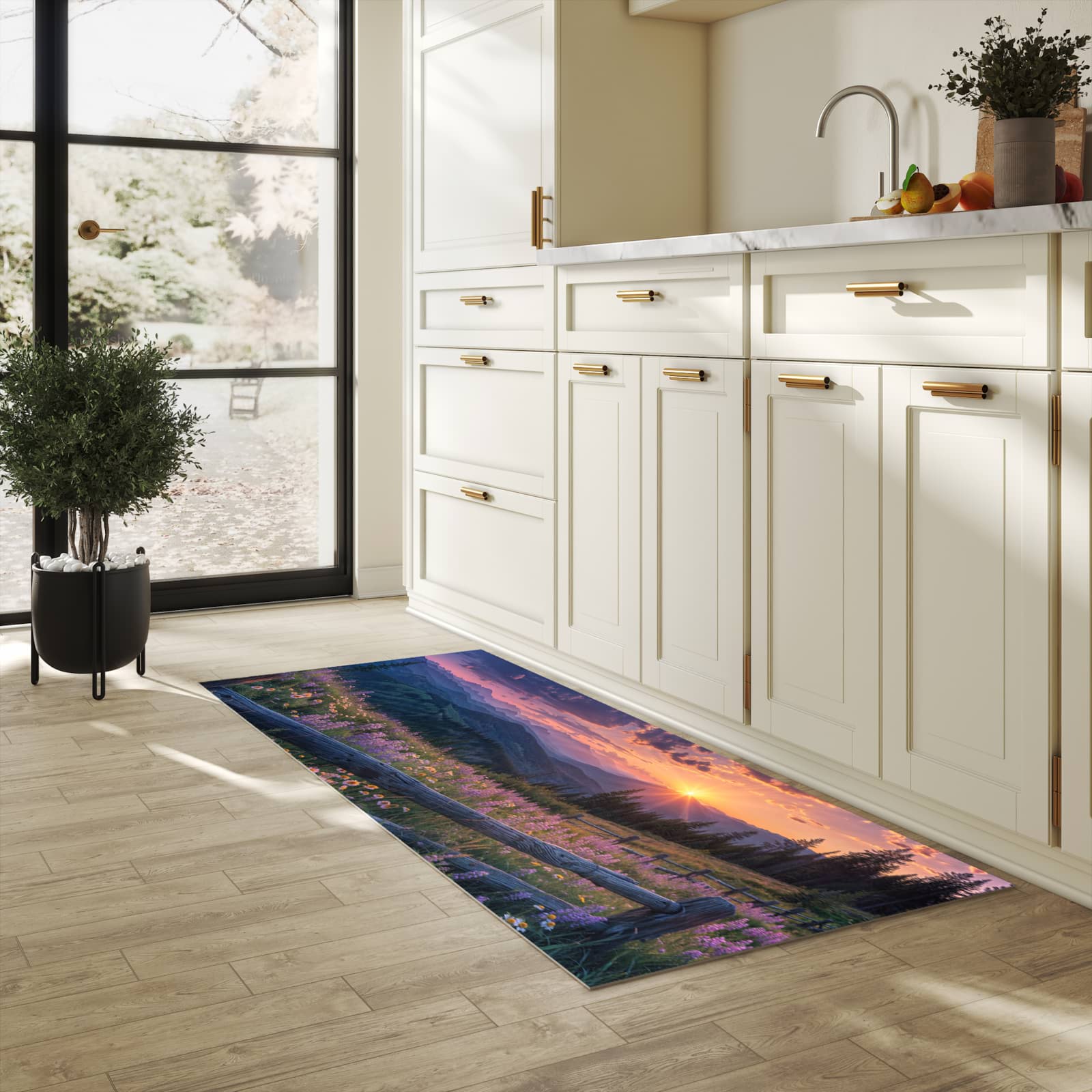 Geräuschdämpfender Küchenläufer mit Motiv Sonnenuntergang Wiese in heller Küche