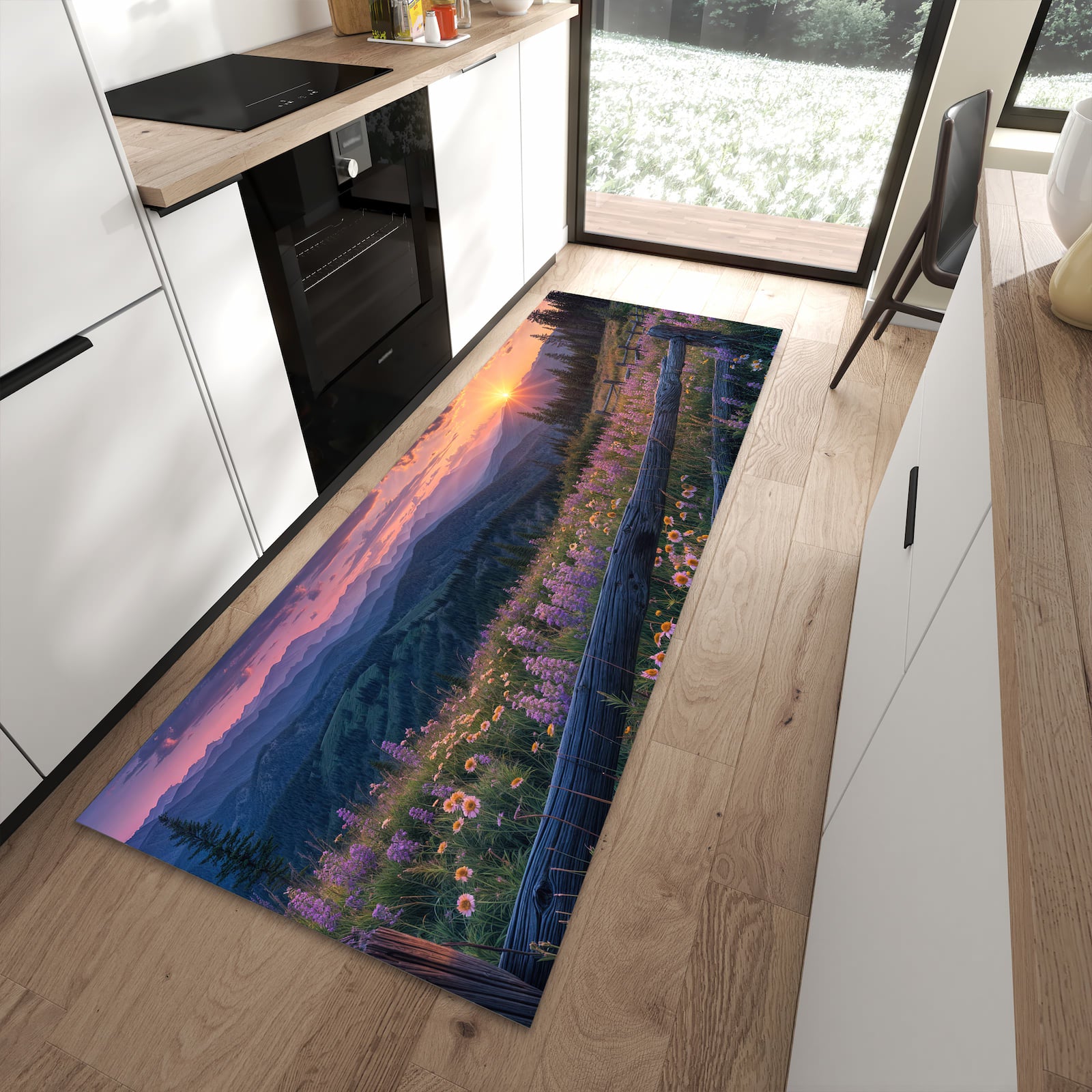 Langlebiger Küchenteppich mit Motiv Sonnenuntergang Wiese in moderner Küche