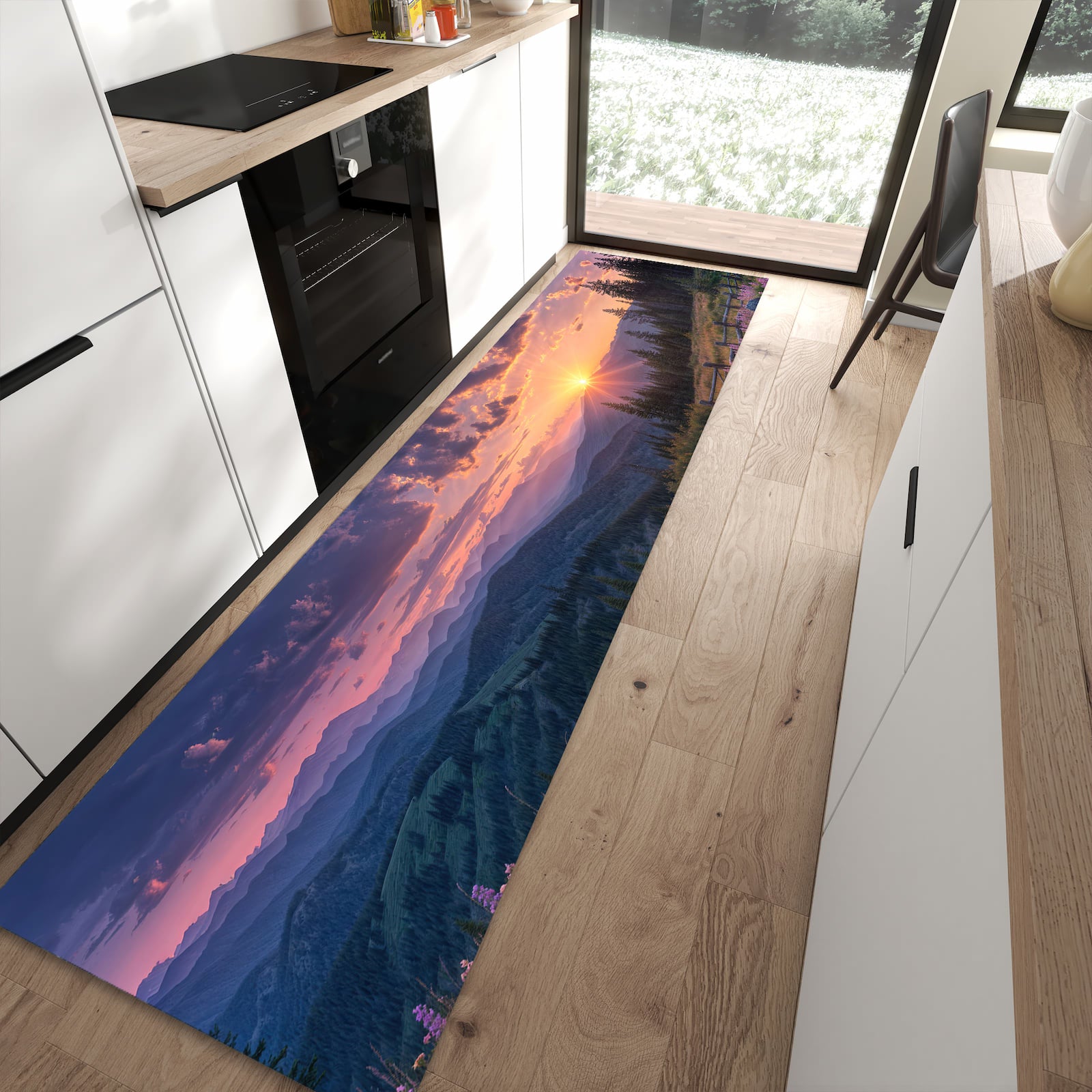 Schmutzabweisender Küchenteppich mit Motiv Sonnenuntergang Wiese in moderner Küche