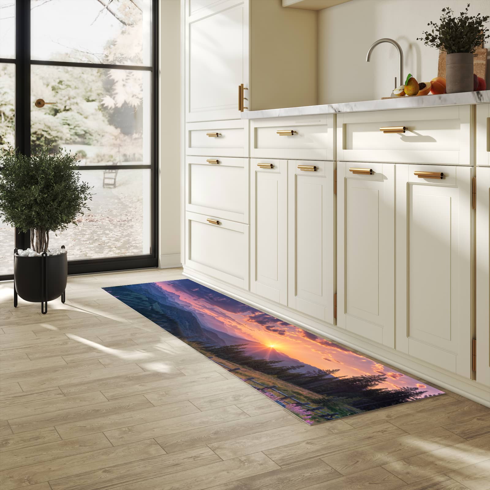 Farbbeständiger waschbarer Küchenteppich mit Motiv Sonnenuntergang Wiese in heller Küche