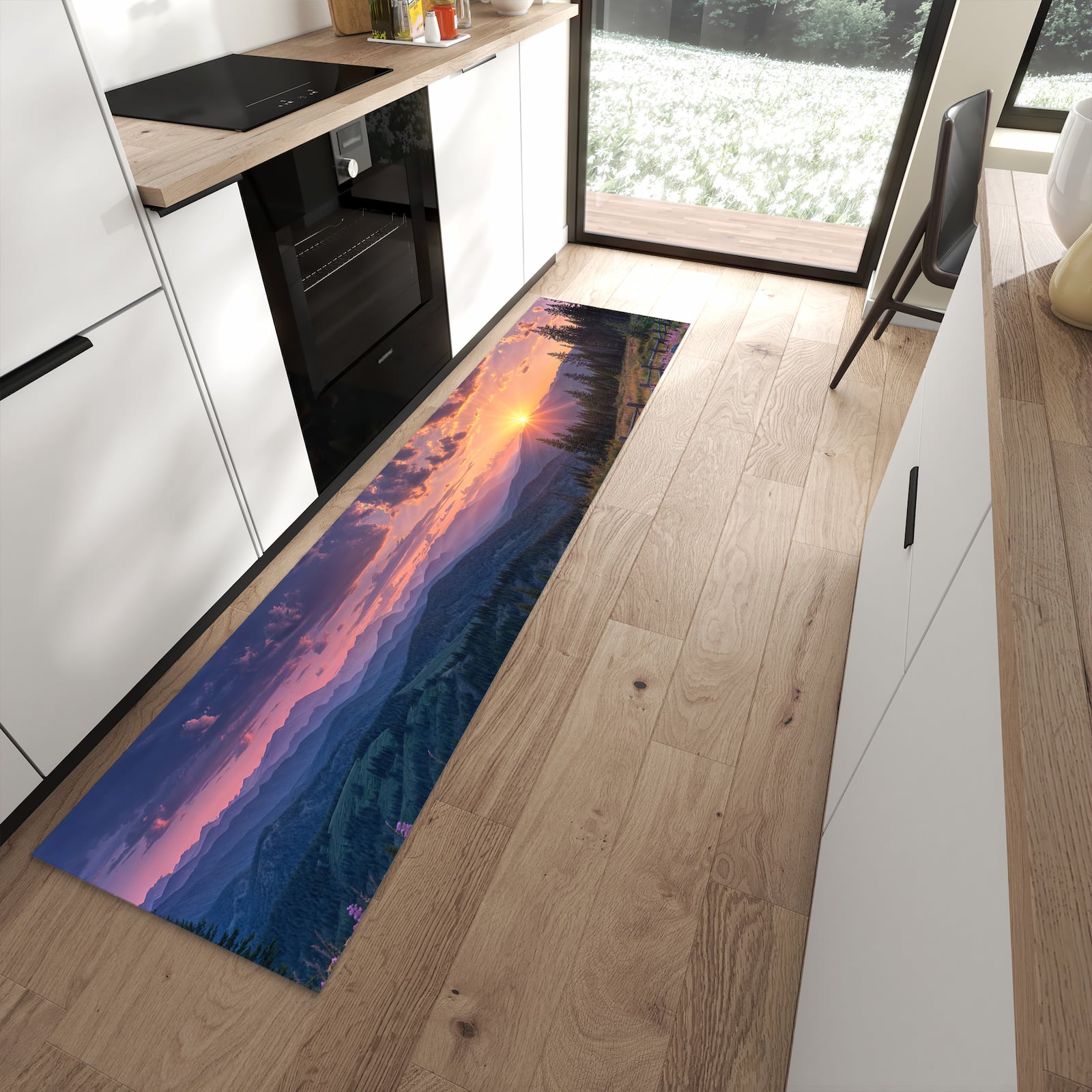 Rutschfester dünner Teppich mit Motiv Sonnenuntergang Wiese spart Zeit in moderner Küche
