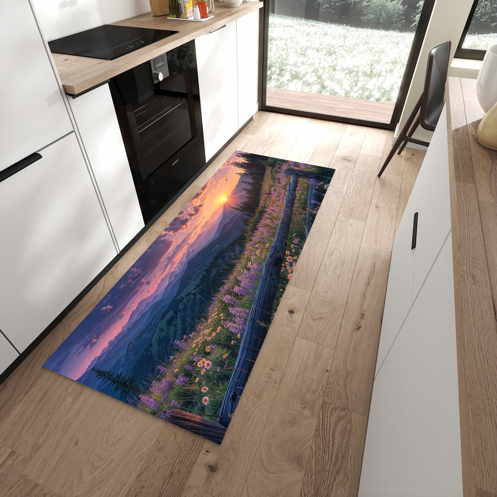 Rutschfester Küchenteppich mit Motiv Sonnenuntergang Wiese für Trittkomfort in moderner Küche